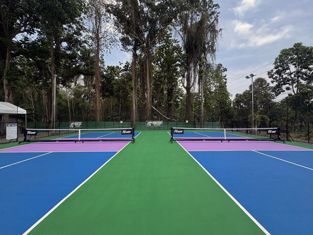 HomeCourt Pickleball — two acrylic-painted outdoor courts surrounded by Mindanao trees